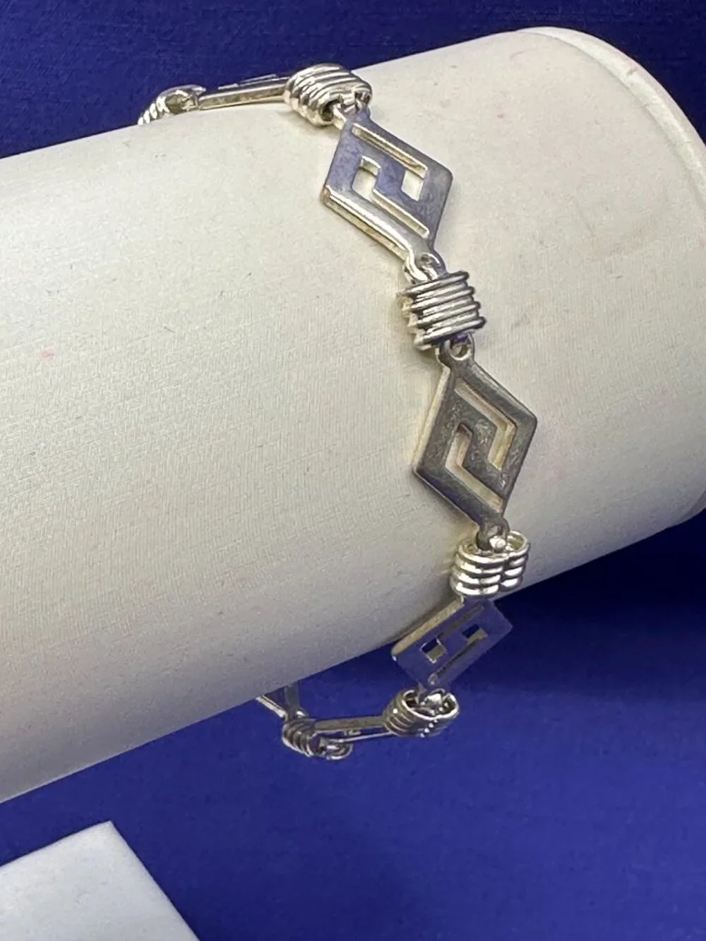 Sterling Silver Rhombus Greek Key Link Bracelet